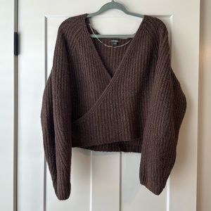 Dark Brown Ballet Like Wrap Knit Long Sleeve Sweater, Size XL